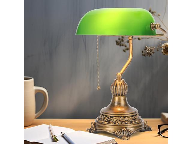 NISSAFORS Bankers Lamp with Pull Switch, Green Glass Desk Lamp with Retro Black/Gold Finish, Vintage Table Lamps for Living Room, Library,.