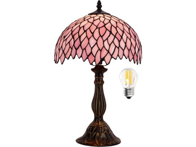 WERFACTORY Tiffany Table Lamp Pink Wisteria Style Stained Glass Desk Light Bedside Reading Light 12X12X18 Inches Decor Bedroom Living Room Home.