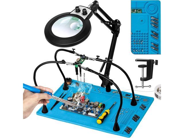 Silicone Mat Helping Hands Soldering Station, 30X/10X Magnifying Glass with Light for Electronics Craft Hobby, 4 PCB Arms, Infinite Colors Stepless...