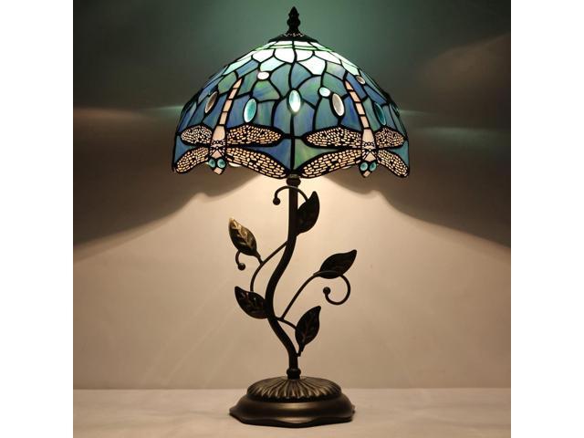 Tiffany Lamp Blue Dragonfly Style Stained Glass Table Lamp Desk Bedside Reading Light 12X12X19 Inches with Metal Leaf Base Decor Bedroom Living Room
