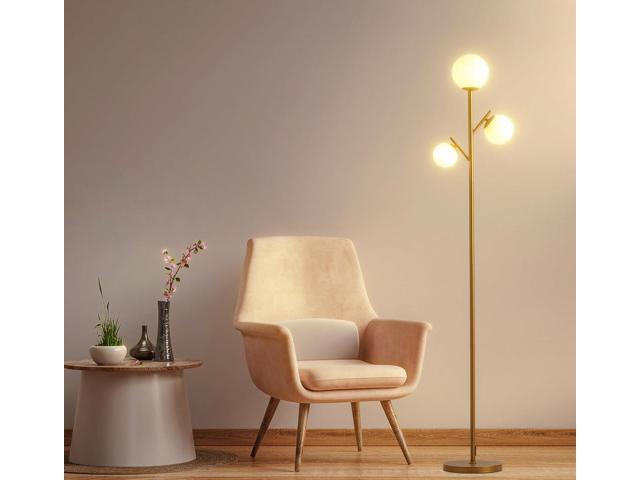 Fiqevs 3 Globe Floor Lamp for Living Room, Mid Modern Standing Tree Lamp 3000K Warm Light, 3 LED Bulbs Included, Orb Frosted Glass Shade.