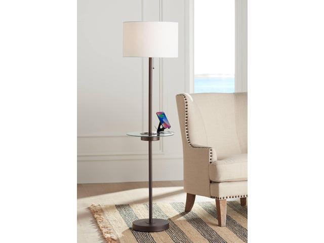360 Lighting Caper Modern Floor Lamp with Tray Table USB and AC Power Outlet in Base 60.5' Tall Bronze Metal Off White Fabric Drum Shade for Living.
