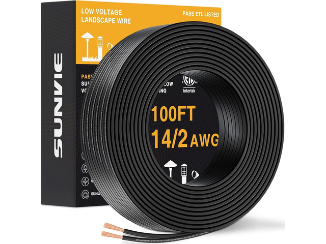SUNVIE 100FT 14 Gauge Low Voltage Wire 14/2 Low Voltage Landscape Wire, 14 Gauge Stranded Copper Wire Direct Burial Lamp Wire 14 AWG 2 Conductor...