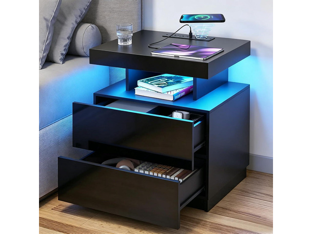 HOMMPA Nightstand with Charging Station and LED Light, Smart Nightstand with USB Port & Wireless Charging, Modern Night Stand with 2 Drawer, Black...