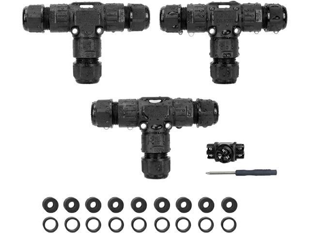 IP68 Waterproof Cable Connector 3-Pin 3 Way Junction Box Outdoor Electrical Wire Splice, For Garden Lights, Solar & LED Strip Lighting, Fits Ø.