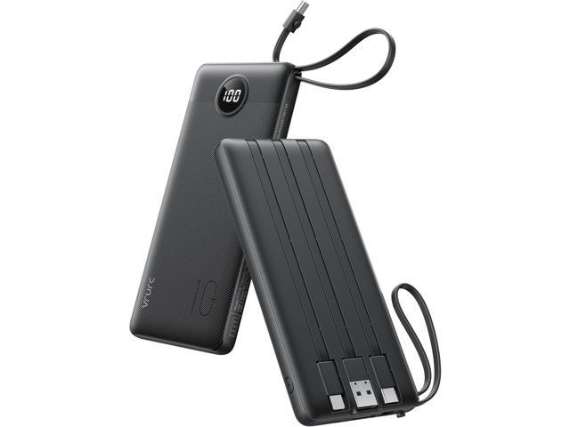VRURC Portable Charger, Built-in 4 Cables Slim Power Bank 10000mAh, USB C Charging Bank with LED Display, Compact Travel Battery Pack with 5.