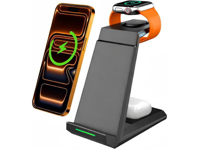 Wireless Charging Station for iPhone - ADADPU 3 in 1 Charger Stand for iPhone 17 16 15 14 13 12 11 Pro Max XR 8 Plus, for Apple Watch...
