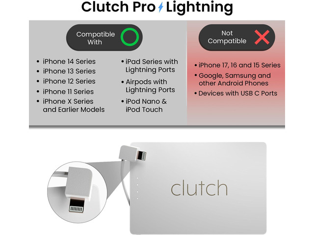 Clutch Pro World's Thinnest iPhone Charger Portable Power Bank 5000mAh Magnetic Built-in Lightning Cable TSA Approved Travel Charger iPhone 14...