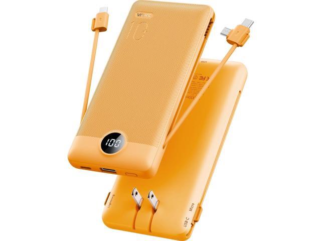 VRURC Portable Charger, Power Bank Built-in Cables and AC Wall Plug USB C Power Bank 10000mAh Travel Essentials Phone Charger Compact External.