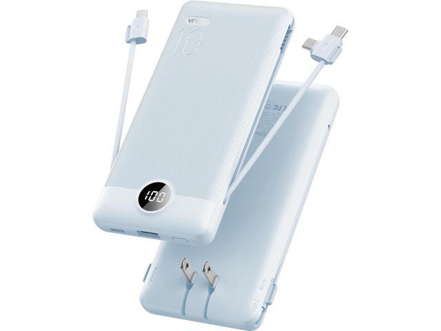 VRURC Portable Charger, Power Bank Built-in Cables and AC Wall Plug USB C Power Bank 10000mAh, Travel Essentials Phone Charger Compact External.