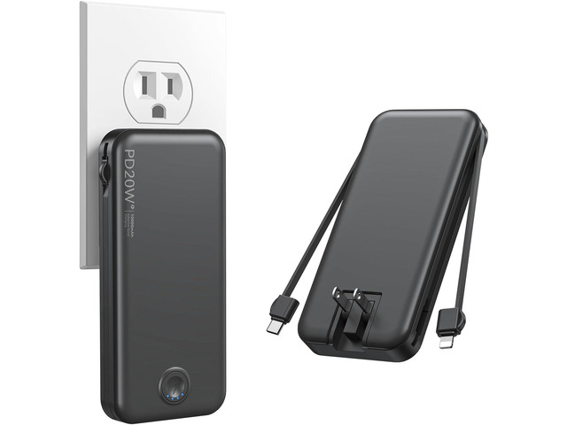 Nusyddy Portable Charger 10000mAh Fast Charging w/Built-in Wall Plug Black PD20W Fast Charging, LED Indicator, Pass Through Charging, TSA...
