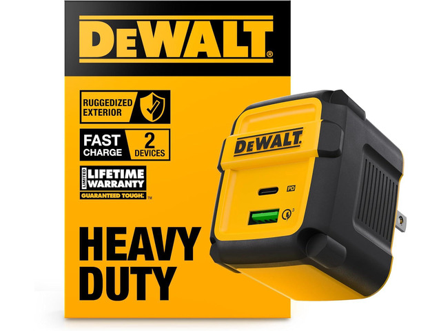 DEWALT Heavy Duty 49.5W Dual USB & USB C Charger Block (Cable Not Included), USBC Power Adapter, 2 Port Compact Foldable Fast Wall Charger for...