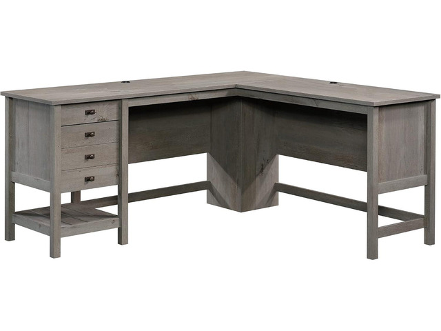 Sauder Cottage Road L Shaped Desk Computer Desk with Drawers, Home Office Desk with Optional File Cabinet Storage, Cable Management, in Mystic Oak...