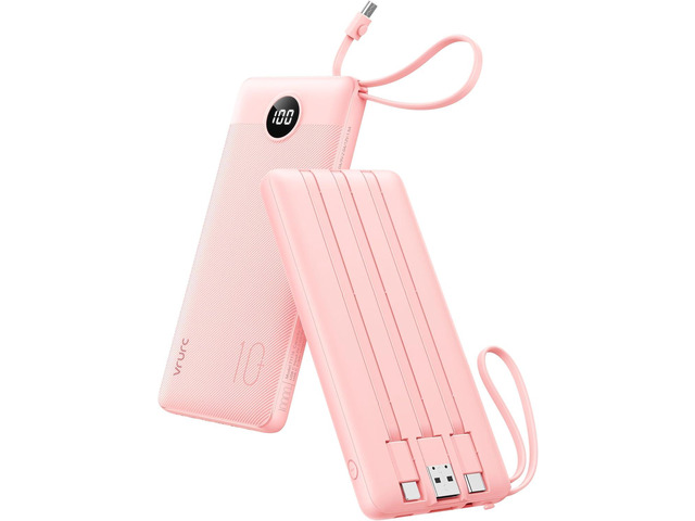 VRURC Portable Charger Power Bank, Built-in 4 Cables & 2 Ports,10000mAh Slim Battery Pack with LED Display, Travel Essential USB C Portable Phone...