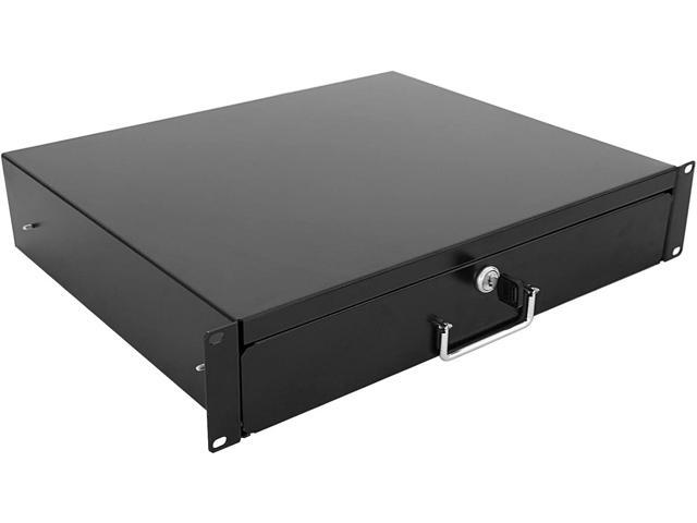 2U Rack Drawer Server Cabinet Case 19 Inch Rack Mount DJ Locking Rack Network Rack Deep Drawer with Key, with Rear Pass-Through Holes for Routing.
