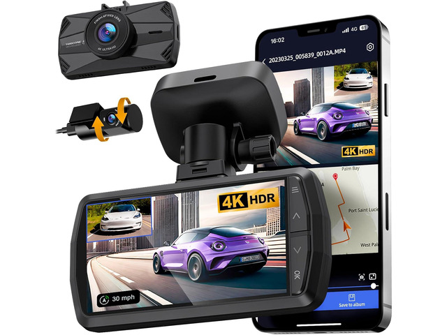 4K Dash Cam Front and Rear, Built-in WiFi GPS, 3' IPS Screen, HDR Night Vision Dash Camera for Cars, G-Sensor App Control, Emergency Lock, Accident...