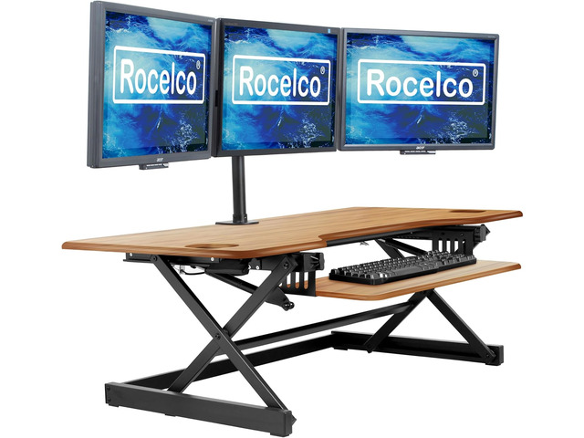 Rocelco 46' Large Height Adjustable Standing Desk Converter - Quick Sit Stand Up Triple Monitor Riser - Gas Spring Computer Workstation -...