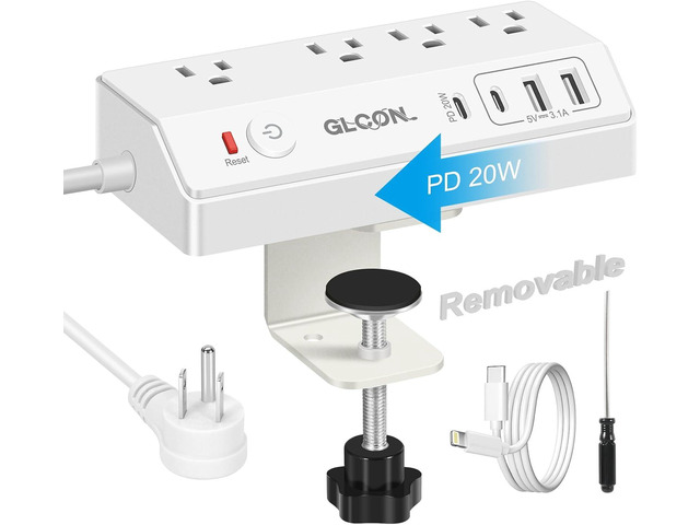 Desk Clamp Power Strip USB C 20W PD - Removable Surge Protector with 4 Outlet 4 USB Ports - Multi Outlet Plug Edge Mount Desktop Power Station...