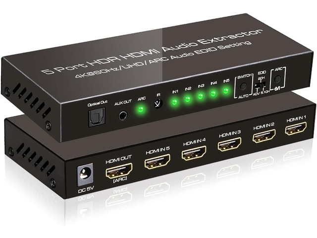 SkycropHD 4K HDMI Switch Audio Extractor 5x1 with Optical 3.5mm Audio Out