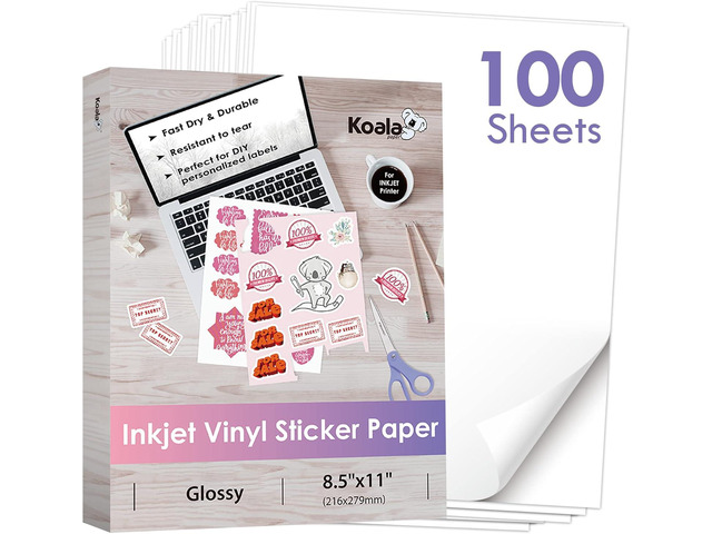 Koala Printable Vinyl Sticker Paper for Inkjet Printers - 100 Sheets Glossy White Water-Resistant Adhesive Label Paper - 8.5x11 Inch,...