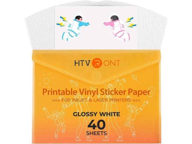 HTVRONT Printable Vinyl for Inkjet Printer & Laser Printer - 40 Pcs Glossy White Waterproof Printable Vinyl Sticker Paper, 8.5'x11'