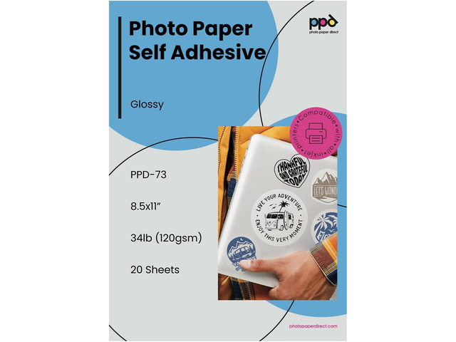 PPD Premium Printable Sticker Paper for Inkjet Printer - 20 Sheets Photo Quality Paper 8.5 x 11 - Self-Adhesive and Instant Dry - PPD-73-20