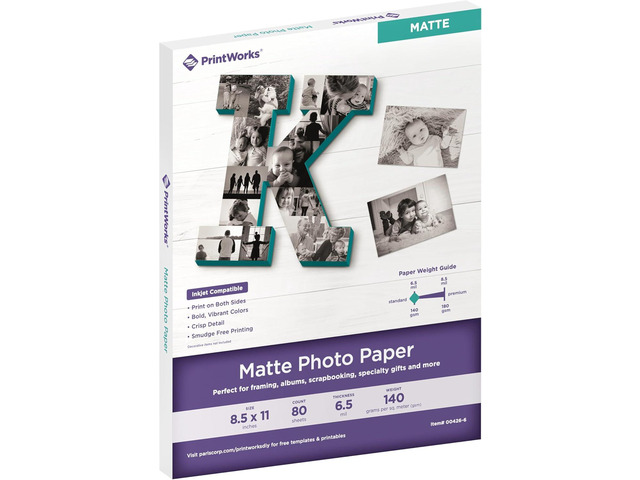 PrintWorks Double Sided Matte Photo Paper 8.5' x 11' - 80 Sheets - 6.5 mil Thickness - Inkjet Photo Paper Matte Ideal for Craft & School Projects -...