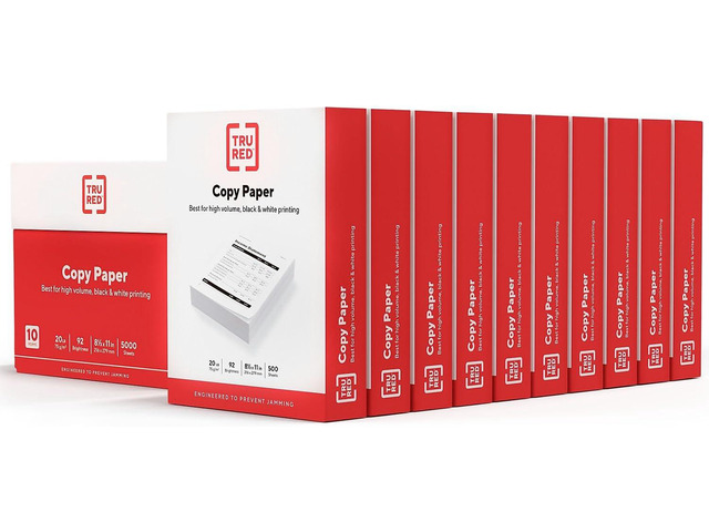 Staples TRU RED Copy & Printer Paper, 8.5 x 11, 20 lb, 92 Bright, 5,000 Sheets/Carton, White Letter Size Paper for Office, School & Home