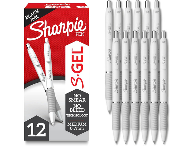 Sharpie S-Gel Gel Pens, Pearl White Body, Black Ink, Medium Point (0.7mm), 12 Count - For Journaling, Writing, Note-Taking, School, Office Supplies