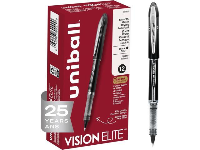 uni-ball Vision Elite Rollerball Pens Fine Point Micro Tip, 0.5mm, Black, 12 Pack