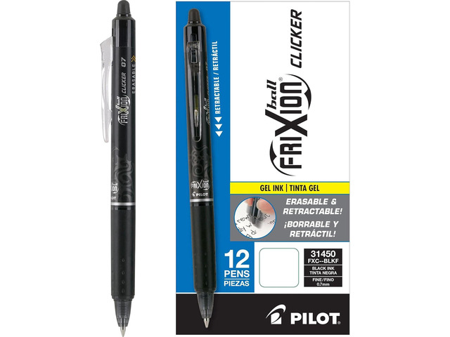 Pilot, FriXion Clicker Erasable Gel Pens, Fine Point Pens 0.7 mm, Pack of 12, Black