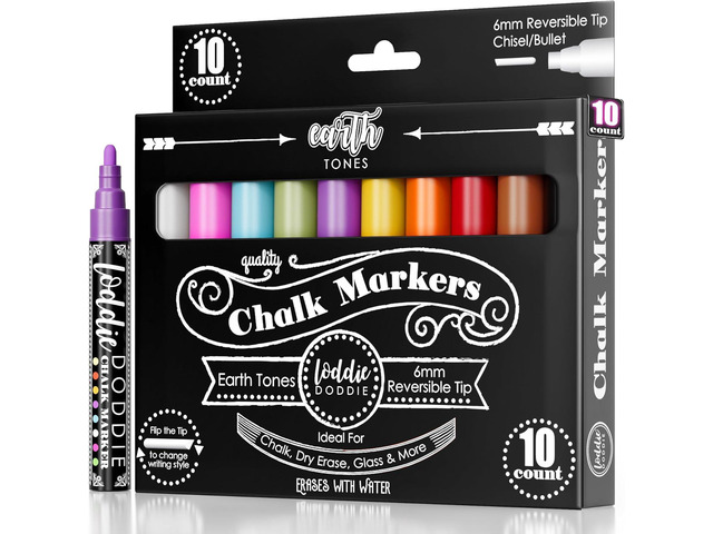 Loddie Doddie Chalk Markers - 10-Pack Earth Tones, 6mm Tips - Erasable Pens for Blackboard & Glass - Reversible Tips for Chalkboard Paint - Vibrant...