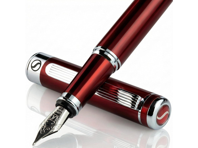 Scriveiner Deep Crimson Red Fountain Pen - Stunning Luxury Pen with Chrome Finish, Schmidt Nib (Medium), Best Pen Gift Set for Men & Women,...