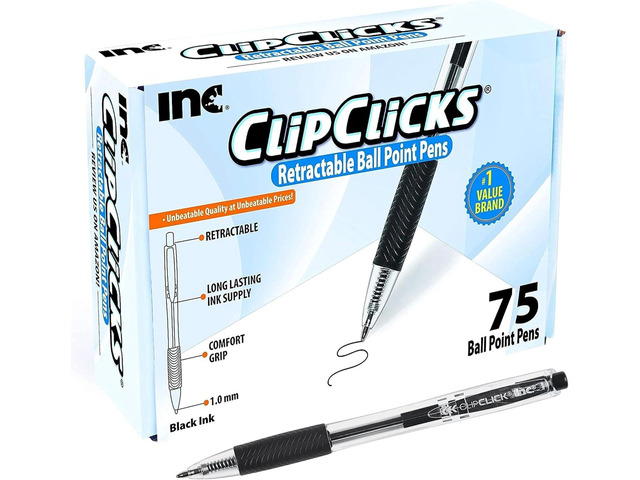 Inc. ClipClicks Retractable Ballpoint Pens - Bulk 1.0-mm Medium-Point Pen Set With Comfort Grip for School, Office, Writing, and Journaling, 75...