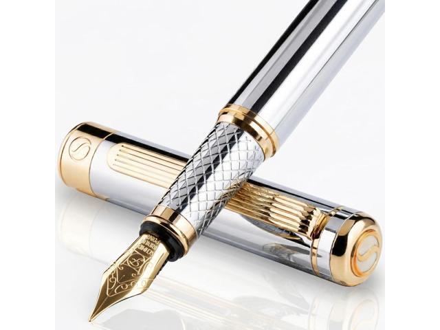 Scriveiner Silver Chrome Fountain Pen - Stunning Luxury Pen, Real Gold Finish, Schmidt Gilded Nib (Fine), Best Gift Set for Men & Women.