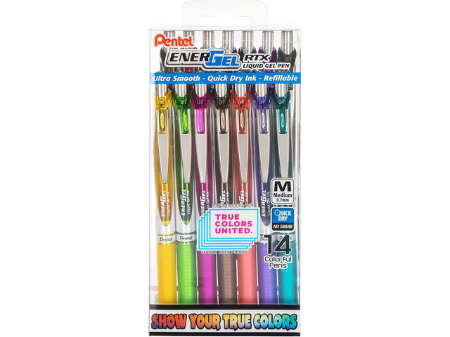 Pentel EnerGel RTX True Colors United 0.7mm, Medium Line, 14 Assorted Ink Colors, Pack of 14 pens BL77PC14MTCU