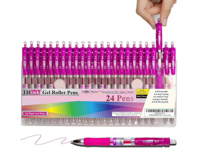 [24 Pens - Pink Ink] Think2 Retractable Gel Pens. (24 Pink) Fine Point (0.5mm) Rollerball Pens with Comfort Grip.