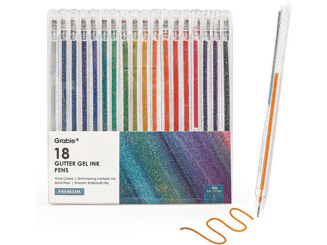 Grabie Capped Glitter Gel Pens, 18 Colors Vibrant Metallic Sparkle Gel Ink Pens for Adult Coloring Books, Drawing, Journaling, Scrapbooking & DIY...