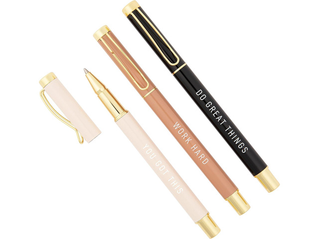Sweet Water Decor Motivational Metal Pen Set - Set of Three Refillable Medium Ballpoint Pens with Black Ink - Motivational and Inspirational Office...