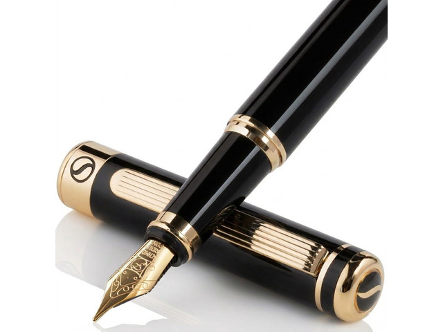 Scriveiner Luxury Fountain Pen - Stunning Black Lacquer Pen, Real Gold Finish, Schmidt Gilded Nib (Fine), Converter, Best Pen Gift Set for Men &...