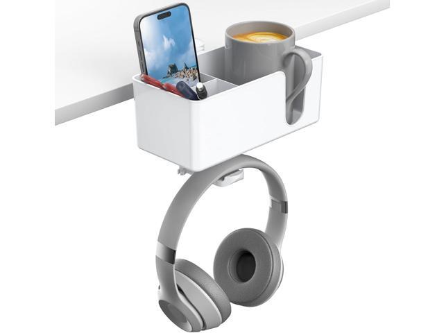KDD 4-in-1 Desk Organizer - Under Desk Cup Holder and Headphone Hanger with 2 Wire Holes - Rotating Hanger and Detachable Storage for Cup, Phone...