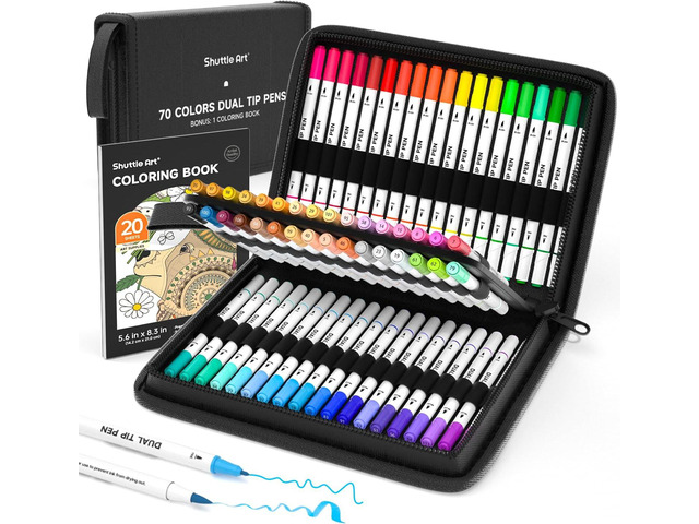 Shuttle Art Dual Tip Brush Pens, 70 Colors, Fine and Brush Dual Tip Markers Set, Portable Storage Case, Ideal for Calligraphy, Coloring, Doodling,...