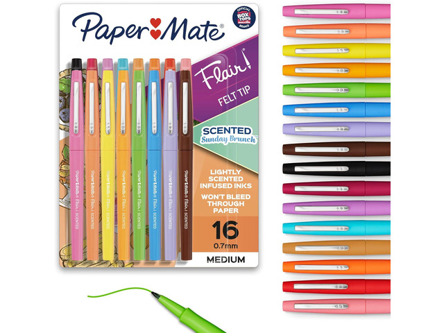 Paper Mate Flair Sunday Brunch Scented Felt Tip Pens, Medium Point (0.7mm), 16 Count - For Journaling, Writing, Note-Taking, Fun Teacher Supplies