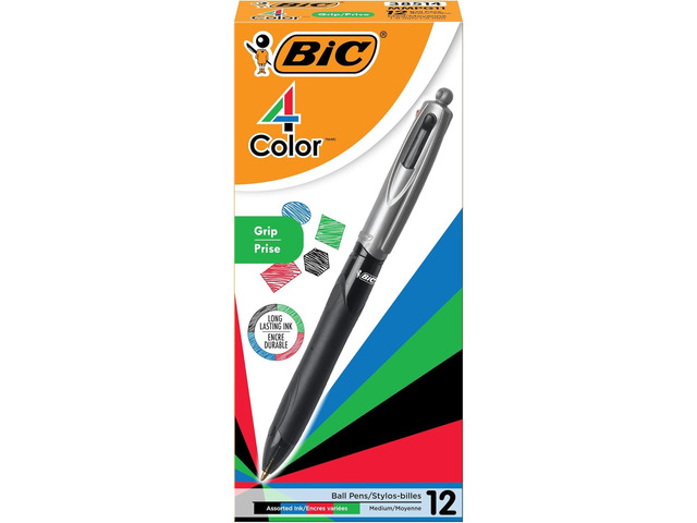BIC 4 Color Grip Retractable Ballpoint Pen, Long-Lasting Ink and Comfortable Grip, 12-Count in Assorted Ink
