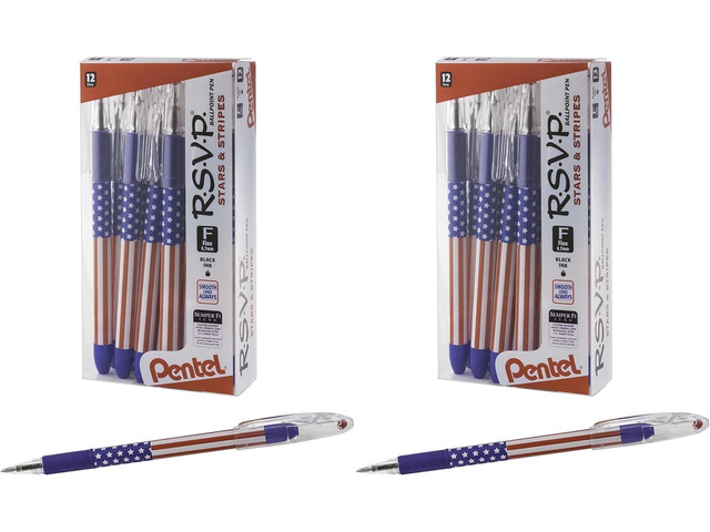 Pentel RSVP Ballpoint Pen, (0.7mm) Fine Line, Flag Barrel, Black Ink,(12 count)- Pack of 2