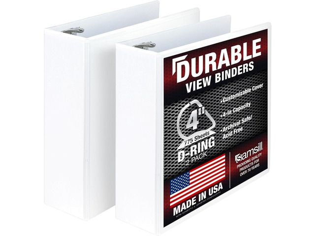 Samsill Durable 4 inch 3 Ring Binder, D Ring Binder, 100% Recycled Chipboard, White, 2 Pack
