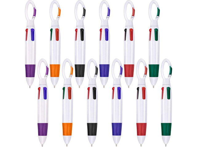 24 Pieces Retractable Shuttle Pens 4 Neon Color in One Ballpoint Pen with Buckle Clip on Top Multi-Color Carabiner Keychain