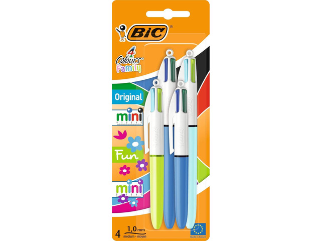 BIC 4 Colours Family Pen Pack of Retractable Ballpoint Pens with Four Ink Colours, Set of 4 (2 Mini, 2 Original)