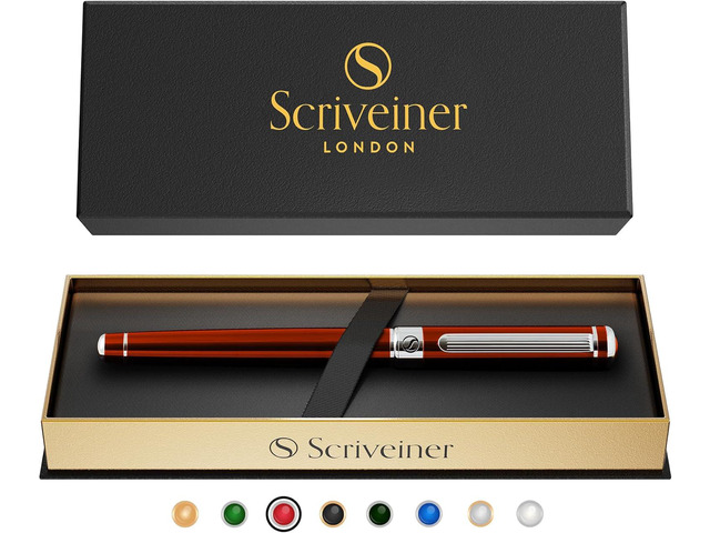 Scriveiner Deep Crimson Red Rollerball - Stunning Red Lacquer Luxury Pen with Chrome Finish, Schmidt Ink Refills, Roller Ball Pen Gift Set for Men...