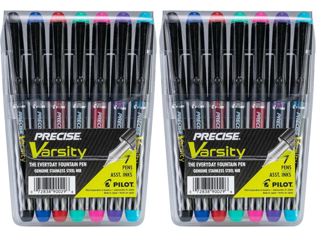 PILOT Pen 90029 Precise Varsity Pre-Filled Fountain Pens,Medium Point Stainless Steel Nib,Black/Blue/Red/Pink/Green/Purple/Turquoise,Pouch,7 Count...